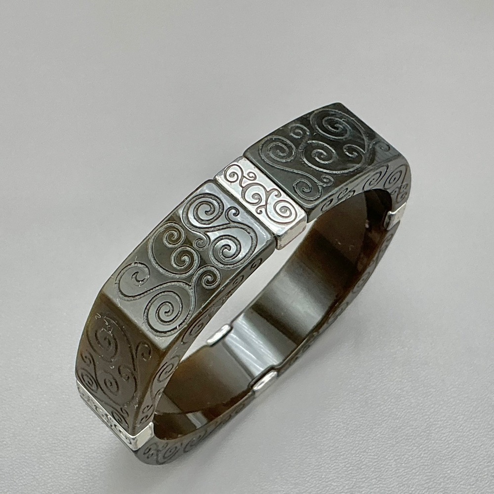 Brighton Bangle Bracelet Womens Brown Silver Tone Etched Scroll 7.5 Inch
